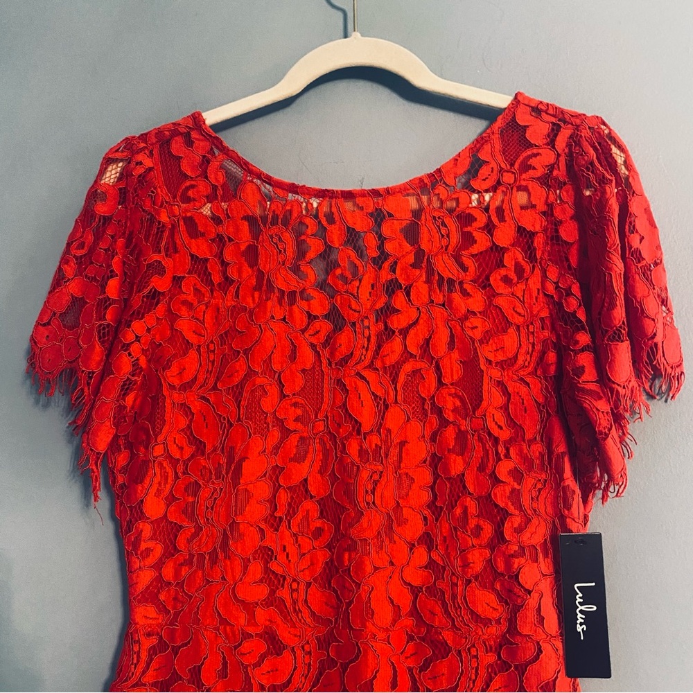 NWT Lulus Pearsons Red Floral Eyelet Flutter Sleeve Lace Mini Dress Size M - Picture 4 of 13